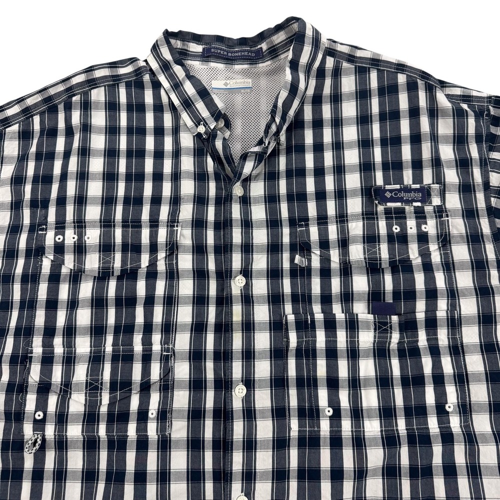 Columbia PFG Super Bonehead Shirt Mens XL Blue Plaid Short Sleeve Fishing Hike